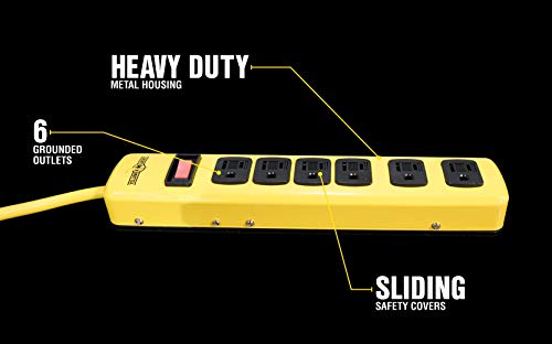 WOODS WIRE Southwire Yellow Jacket 5139N 14/3 6-Outlet Heavy Duty Industrial Metal Workshop Strip with 6-Foot Power Cord; Sliding Safety Covers and Overload Protection Yellow Jacket