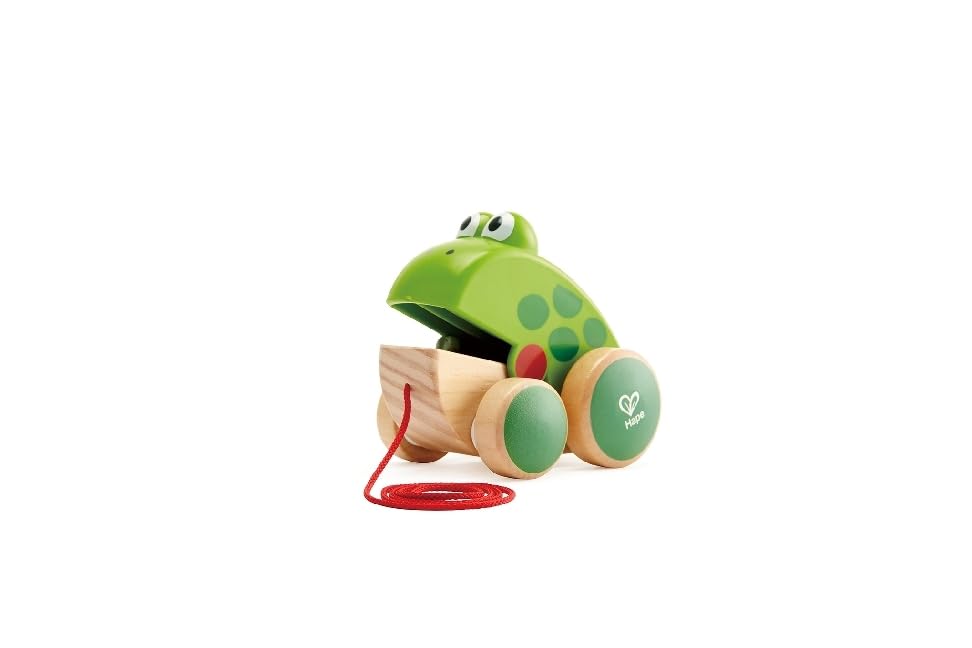 Hape Frog Pull-Along | Wooden Frog Fly Eating Pull Toddler Toy, 4.6 x 3.3 x 3.8 inches, Green Hape