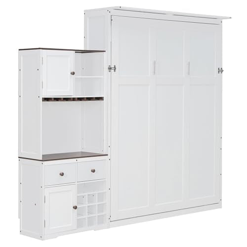 Merax Queen Size Murphy Bed, Wood Murphy Bed with Storage Cabinet, Wine Rack, Glass Holder, Drawers and Multi-Color LED Strip, White Merax