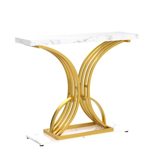 YITAHOME Gold Console Table, Modern Hallway Table for Entryway, 40 inch Entryway Tables Narrow Sofa Table for Living Room, Hallway, Faux Marble White YITAHOME