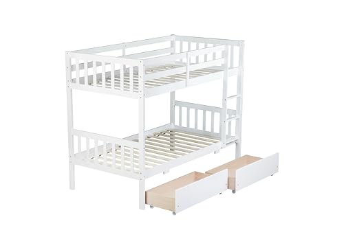 PVWIIK Twin Over Twin Wood Bunk Bed with 2 Drawers for Girls,Boys,Convertible into 2 Beds,Wood Bunk Bed with Ladder and Safety Guardrails,No Box Spring Needed, White PVWIIK