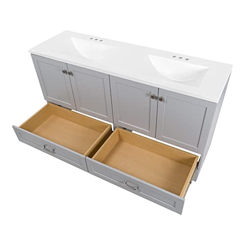 Spring Mill Cabinets Emlyn 60 Inch Double-Sink Bathroom Vanity with White Top, 2 Cabinets, 2 Drawers, 60.5" W x 18.75" D x 32.89", Pearl Gray Spring Mill Cabinets