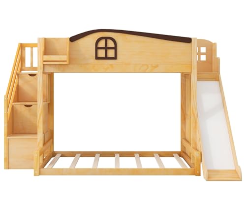 Merax Twin Over Full Bunk Bed with Slide and Staircase, Storage Shelf and Wardrobe, Kids Wood Loft Bunk Bed with House Design Safety Guardrail, Space Saving Kid Bunkbeds, Natural Merax