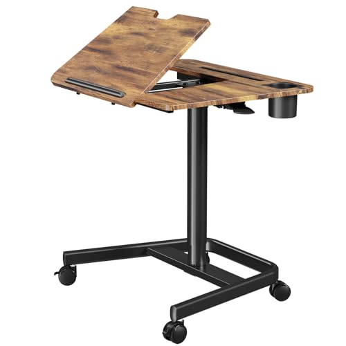 JOY worker Mobile Standing Desk, Height Adjustable Table, 60° Tiltable Rolling Laptop Desk, Portable Sit Stand Desk with Wheels Cup Holder for Bed Couch Hospital, Holds Up to 22lbs, Rustic JOY worker