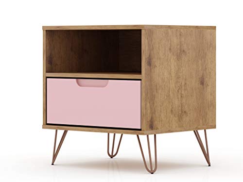 Manhattan Comfort Rockefeller Nightstand with Drawer and Cubby, Mid Century Modern Bedside Table, Minimalist Display and Storage Organizer, Ideal for Bedroom and Living Room, Nature/Rose Pink Manhattan Comfort