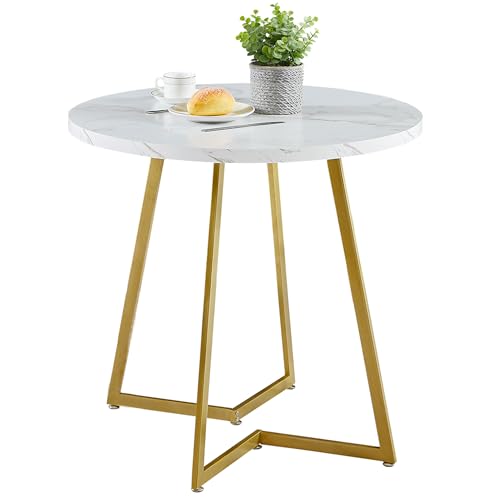 VECELO Round Dining Room Table with Wood Grain Tabletop and Steel Frame, for Kitchen, Living Room, Office, Conference, 2 to 4 Person, White & Gold VECELO