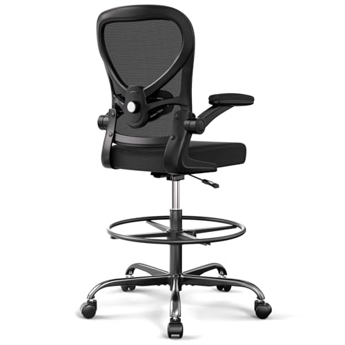 Alolo Drafting Chair,Big and Tall Office Chair with Footrest Ring,Ergonomic Chair for Counter Height and Standing Desk Comfy with Lumbar Support and Flip-up Armrests in Heavy Rolling Base,Black Alolo