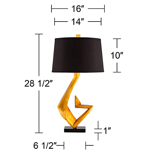 Possini Euro Design Zeus Mid Century Modern Glam Luxury Table Lamp 28.5" Tall Sculptural Gold Leaf Metal Black Fabric Tapered Drum Shade Decor for Living Room Bedroom House Bedside Nightstand Home Possini Euro Design