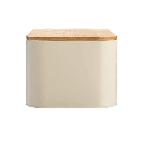 Bloomingville Metal Bin with Bamboo Lid, Cream Bread Box, 11.75" L x 5.25" W x 7" H Bloomingville