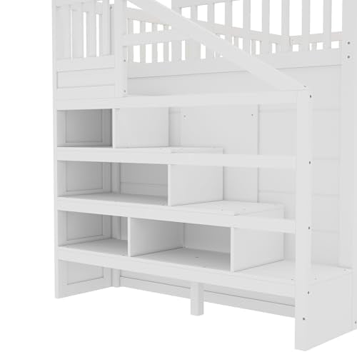Bellemave Full Loft Bed with Stairs and Movable Desk and Shelves, Wood Loft Bed with Storage Stairs for Kids, Teens, Adults, White Bellemave