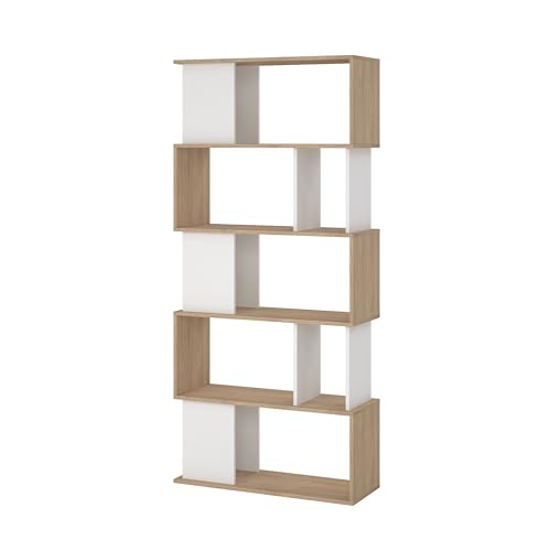Tvilum Maze Modern Bookcase, Display Shelf and Decorative Room Divider with 7 Fixed Storage Shelves in Oak and White Tvilum
