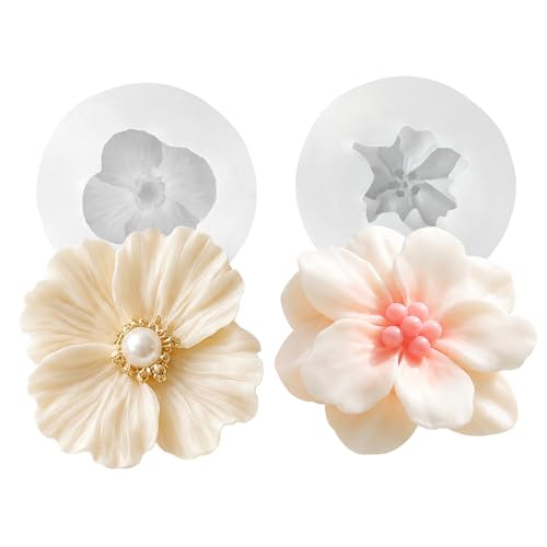 2PCS 3D Flower Silicone Candle Molds,Camellia Silicone Poppy Flower Mold for DIY Epoxy Crafts Handmade Soap Aromatherapy Gypsum Polymer Clay Crafts Fondant Mold