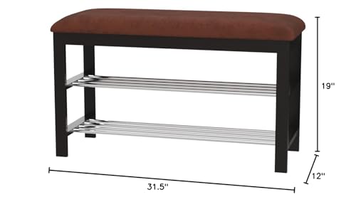 Roundhill Furniture Dark Espresso Wood Shoe Bench with Chocolate Microfiber Seat, Brown, 19.00 x 12.00 x 13.00 Inches Roundhill Furniture