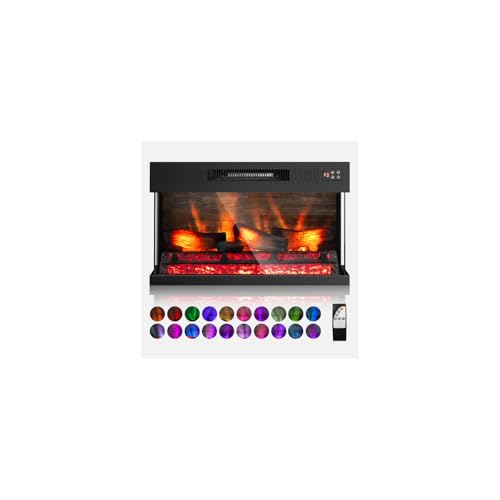 ROVSUN 28 Inch 3-Sided Glass Electric Fireplace Insert, Electric Fireplace Heater with Remote Control, Wall Mounted and Recessed Fireplace with 8H Timer, 20 Flame Color for Indoor Use, Office, Bedroom ROVSUN