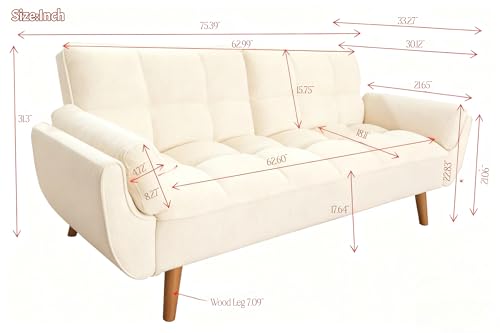 Trygoal Convertible Futon Sofa Bed, Modern Futon Couch with 2 Pillows, Small Futons Couch with Adjustable Armrest & Backrest, Loveseat Sofa Bed for Living Room, Bedroom, Beige Trygoal