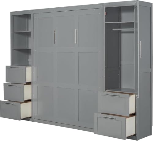 MERITLINE Queen Murphy Bed with Storage Wardrobe Closet,Drawers and Open Shelves,Wood Folding Farmhouse Murphy Wall Bed with Shelves,for Adults (Grey)