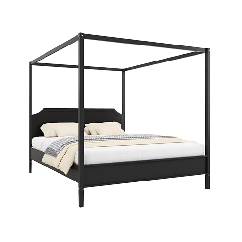 Queen Size Solid Wood Canopy Bed with Headboard and 10''H Under-Bed Storage,Mid-Century Modern Four Posters Platform Bed with Wood Slat Support for Bedroom,No Box Spring Needed,Easy Assembly,Black