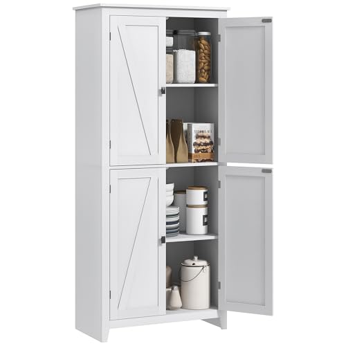 HOMCOM 72" Freestanding Kitchen Pantry Cabinet, Farmhouse Tall Storage Cabinet with 4 Door Cabinets and Adjustable Shelves for Dining Room, White HOMCOM