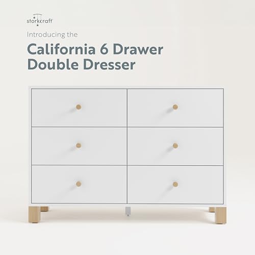 Storkcraft California 6-Drawer Double Dresser (White with Driftwood) - GREENGUARD Gold Certified, Interlocking Drawer System, Dresser Drawer Organizer for Kids Bedroom Storkcraft