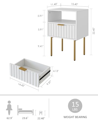 AEPOALUA Night Stand,Modern Bedside Table with Drawer and Shelf,White Night Stand with Gold Frame,Small Side Table for Bedroom,Living Room AEPOALUA