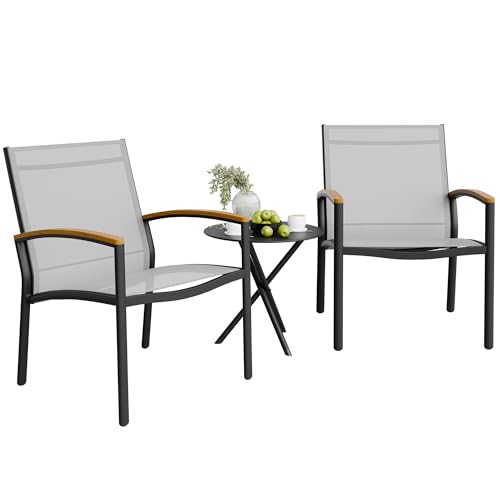Shintenchi 3 Pieces Patio Bistro Sets, Outdoor Textilene Fabric Conversation Bistro Set, Textilene Fabric Front Porch Chairs Small Patio Furniture Set with Table for Lawn,Garden,Balcony (Grey) Shintenchi
