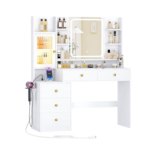 Makeup Vanity Desk with Mirror and Lights, 47'' Large Vanity Table with 5 Drawer, RGB Cabinet, Power Outlet, Jewelry Hook, 3 Light Mode & Brightness Adjustable, Bedroom Dressing Table for Girls, White Keehusux
