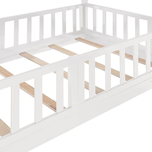 Bellemave Twin Over Twin Floor Bunk Bed with Slide and Ladder, Low Bunk Bed for Kids, Girls, Boys, Removable Fence, White with Fence Bellemave