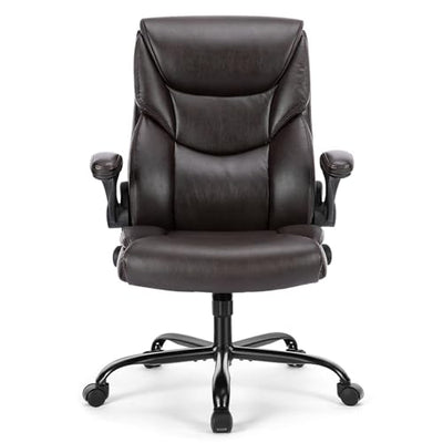 Sweetcrispy Computer Gaming Chair, Ergonomic High Back Heavy Duty Task Desk Office Chairs with Wheels, Flip-up Arms, Adjustable Height, PU Leather,Dark Brown