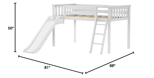 Max & Lily Twin Size Low Loft Bed with Slide and Ladder, Classic Solid Wood Kids Bedroom Furniture, 400 lbs Weight Capacity, 14" Safety Guardrail, Anti-Slip Steps, White Max & Lily