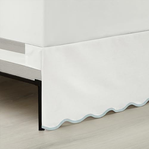 Lush Decor Coastal Chic Scalloped Edge Linen-Textured Bed Skirt Single, King Blue & White - White Bed Skirt King Size - Coastal Decor - Wrap Around Bed Skirt Lush Decor