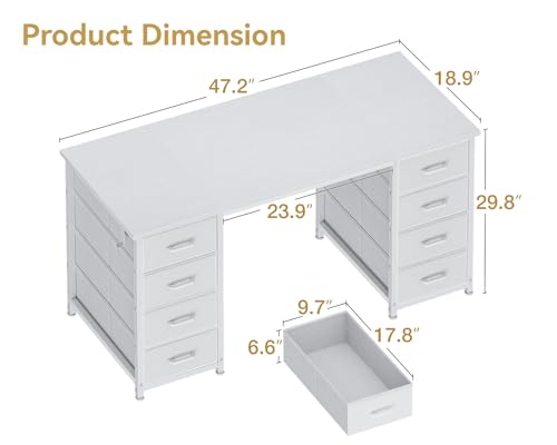 ODK 48 Inch White Computer Desk with 8 Fabric Drawers, Modern Office Desk with Large Storage for Home Office, Study, Gaming, White ODK