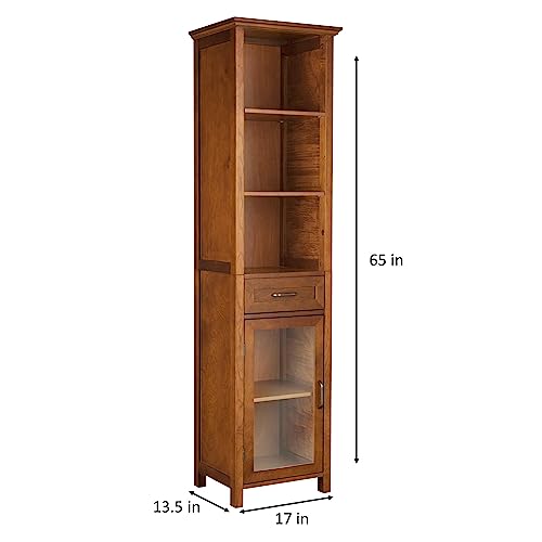 Teamson Home Avery Wooden Bathroom Linen Tower Cabinet with 1 Drawer 3 Adjustable Interior Shelves and 6 Storage Spaces, Oiled Oak Teamson Home