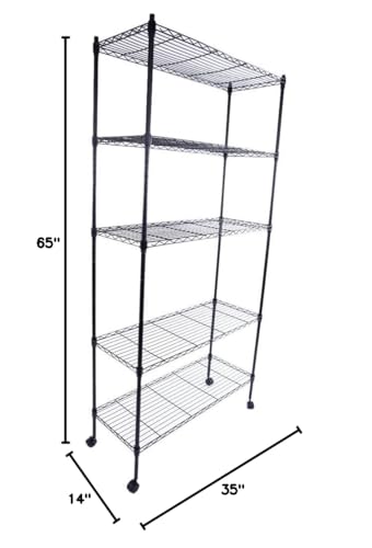 WISLAS 5 Tier Storage Racks Shelving, Heavy Steel Pantry Shelves, Adjustable Wire Shelving Rack with Wheels, Suitable for Garage, Kitchen, Bathroom, Office, 35" W x 14" D x 65" H, Black WISLAS
