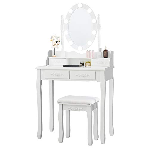 Giantex Makeup Vanity Table with 10 LED Lights, Adjustable Brightness, 3 Color Light Modes, 4 Drawers, Rotatable Mirror, Cushioned Stool, Vanity Desk Dressing Table Bedroom Furniture (White) Giantex