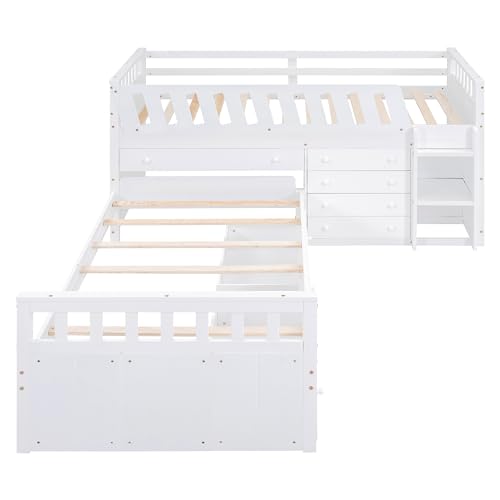 Ball & Cast L-Shaped Space-Saving Twin Low Loft with Platform Bed,Bunk Bedframe W/Full Safty Guardrails & 7 Drawers,Sturdy Construction,Easy Assembly,Functional Bedroom Set for Boy Girl Keens,White Ball & Cast