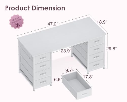 ODK 48 Inch Vanity Desk with 8 Fabric Drawers, Modern Makeup Desk for Bedroom & Dressing Room with Large Storage, Ideal for Home Office, Study, Pure White ODK