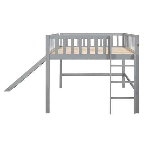 Merax Full Size Wood Low Loft Bed Frame with Slide for Kids Girls Boys,Full Length Guardrails, Gray Merax