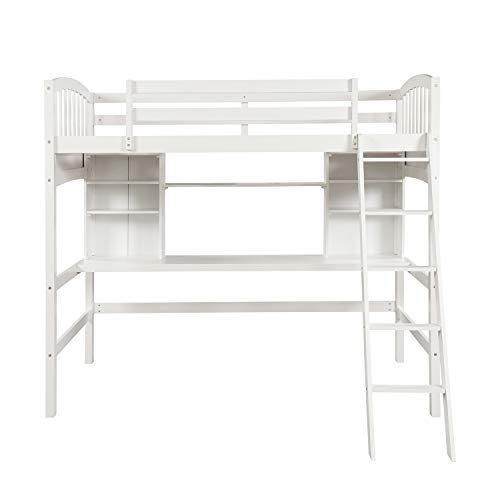 Merax Twin Loft Bed with Desk, Solid Wood Twin Size Loft Bed Frame with Shelves, White Merax