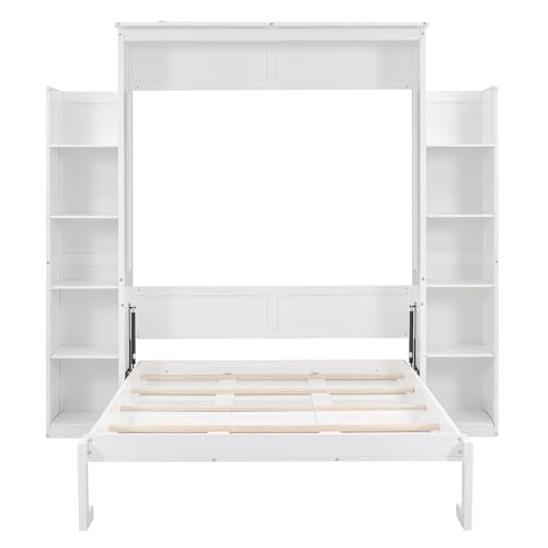 Harper & Bright Designs Full Size Murphy Bed, Wooden Full Murphy Wall Bed with Shelves and LED Lights, White Harper & Bright Designs