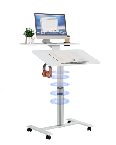 TecbL Pneumatic Standing Desk with Wheels - Adjustable Height 28" - 46" & 0-90° Tilt, 31.5" x 17.7" Skin-Feel Desktop, Rolling Computer Desk for Home Office, Hospital, School (White) TecbL