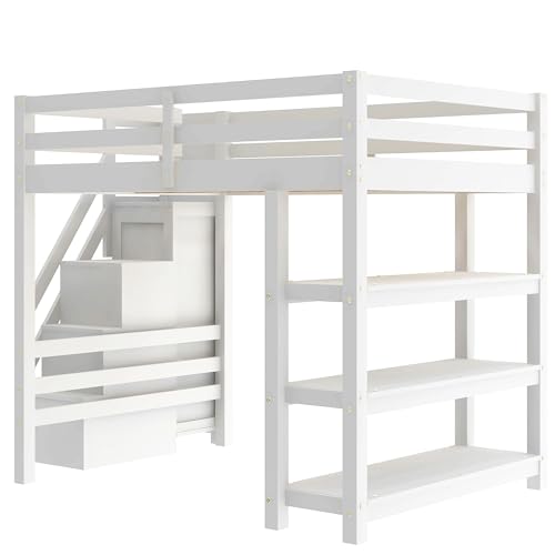 Harper & Bright Designs Full Size Loft Bed with Stairs and LED Lights, Wood Full Loft Bed with Storage Shelves and Wardrobe, Loft Bed Frame with Guardrails for Kids Girls Boys, White Harper & Bright Designs