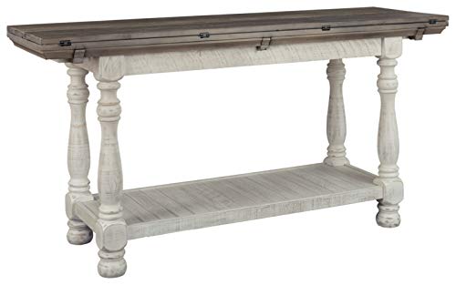 Signature Design by Ashley Havalance Farmhouse Sofa Table, Flip Top Design for Additional Dining Space and Fixed Lower Shelf, Gray & White with Weathered Finish Signature Design by Ashley