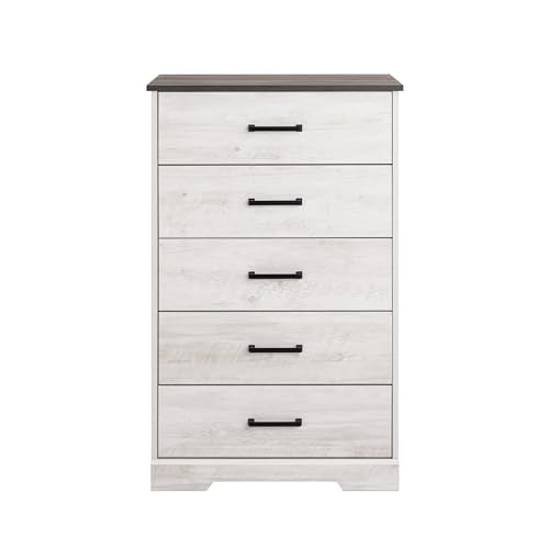 Prepac Rustic Ridge Farmhouse Dresser, Washed White Dresser for Bedroom, Chest of Drawers with 5 Drawers 18.5" D x 27.5" W x 43.5" H, ABDR-1605-1 Prepac