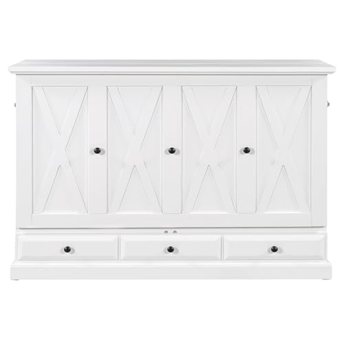 Hlcodca Murphy Cube Cabinet Bed with USB Charging Station, Solid Pine Murphy Bed Cabinet with Large Drawer, Queen Size Bed Frame for Guest Room, Home, Office (White-k) Hlcodca