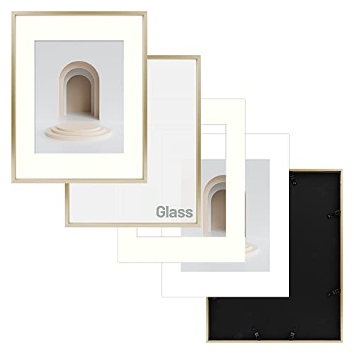 Frametory, Aluminum Picture Frames Set of 7 - Gold Gallery Wall Kit - Displays One 11x14, Two 8x10, and Four 5x7 inch Photos for Home Decoration Frametory