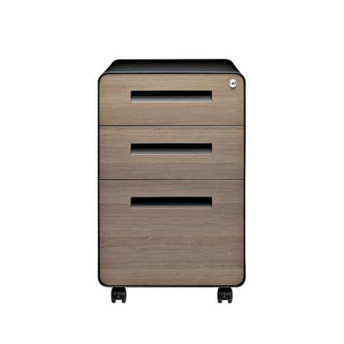 Laura Davidson Furniture Stockpile 3 Drawer File Cabinet with Lock - Under Office Desk Metal Filing Cabinet, Legal/Letter File Folders, Wheels and Stationary Feet, Pre-Assembled, Black/Wood Laura Davidson Furniture