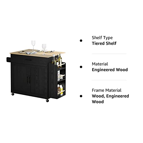 Rolling Kitchen Island with Drop Leaf, Storage Cabinet, and Charging Station - Black by IRONCK IRONCK