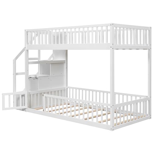Wooden Twin over Twin Bunk Bed with Storage Stairs and Slats Support for Kids Teens, Floor Bunk Bed with Door and Full-Length Guardrails for Boys Girls, Space Saving, No Box Spring Needed, White MERITLINE