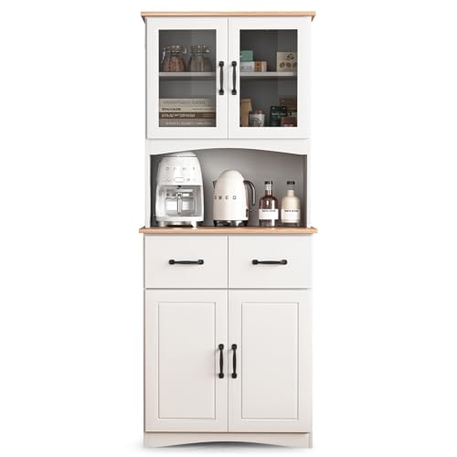 GORZING 67" Kitchen Pantry Cabinet with Glass Doors & Drawers, Adjustable Shelves, Anti-Tip, Space-Saving Microwave Stand for Small Kitchens GORZING