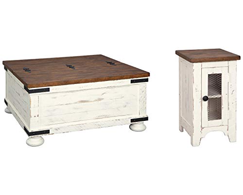 Signature Design by Ashley Wystfield Farmhouse Square Storage Coffee Table with Hinged Lift Top, Distressed White Signature Design by Ashley